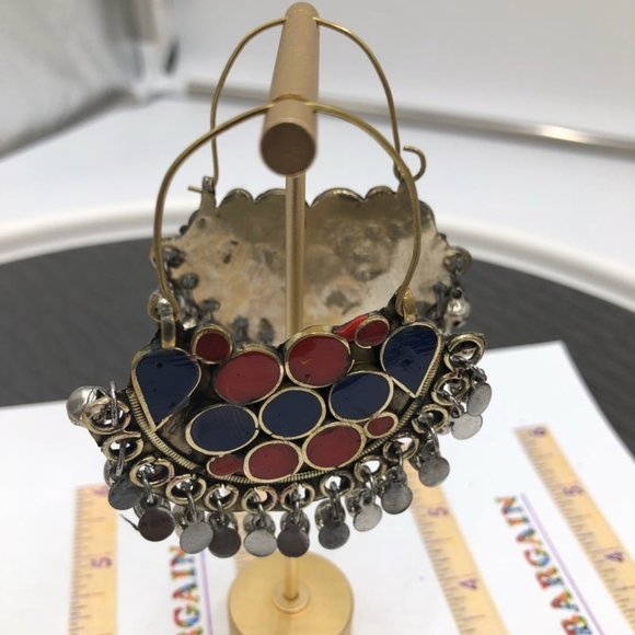 Red and Blue Kuchi Bali Earrings With Small Silver Bells, Ethnic Hoop - Picture 1 of 5